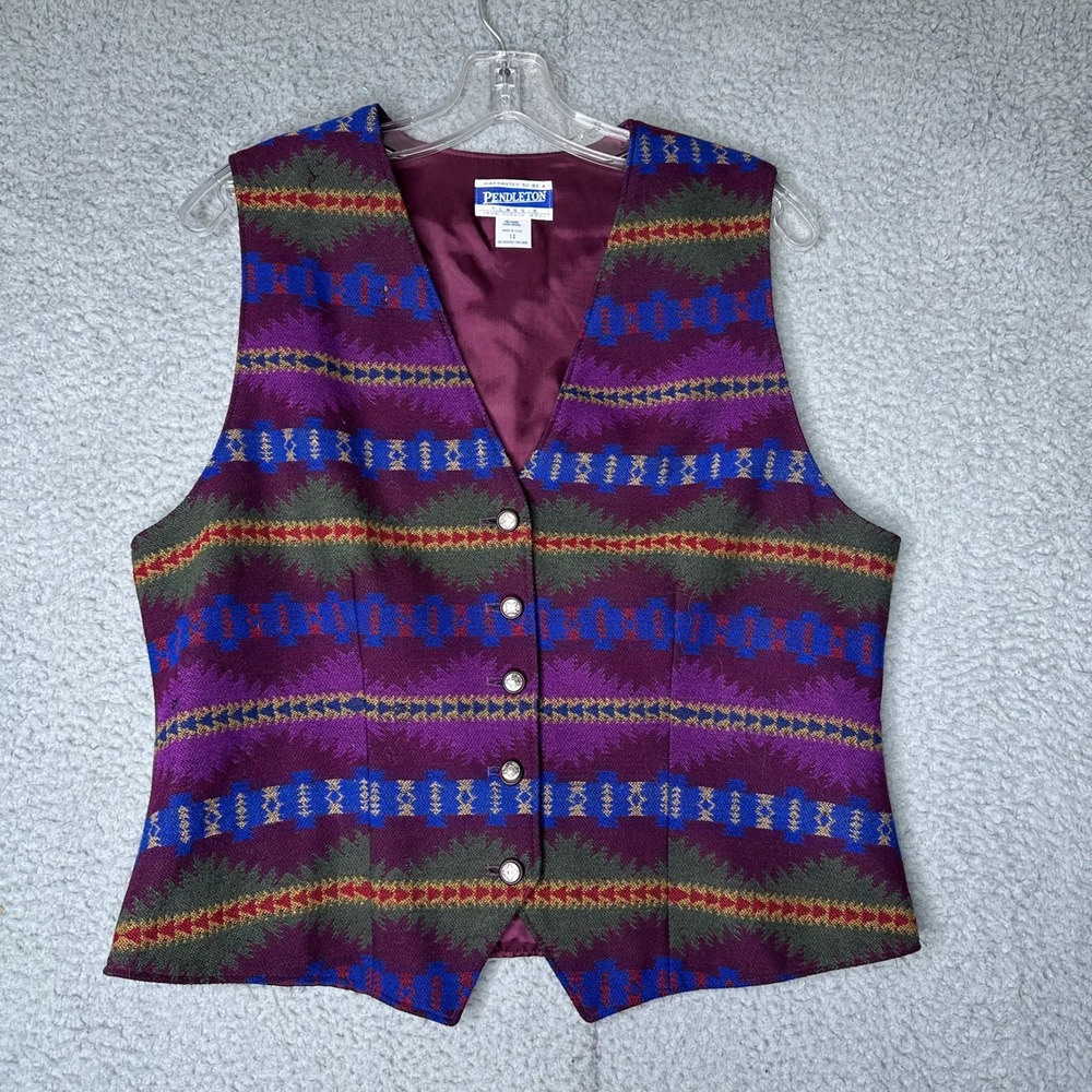 Pendleton Classic Wool Southwestern Vest Purple Geometric Concho Button USA 12